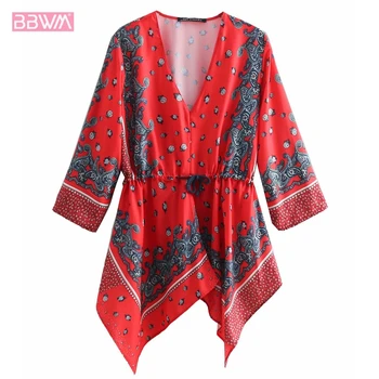 

Loose slim and versatile V-neck asymmetric positioning printing tie waist shirt female 2019 spring new