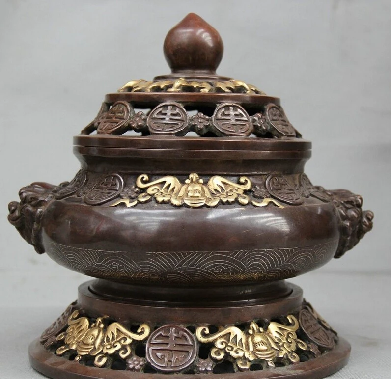 

Collectible bronze S2186 10" Chinese Purple Bronze Gild Round Dog Lion Head Fu Bat Incense Burner Censer