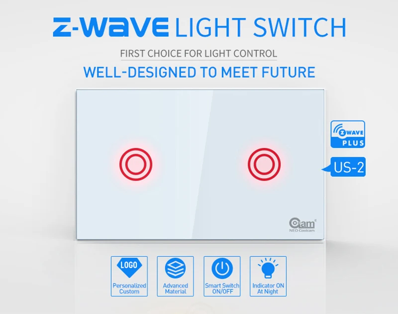 Coolcam Z-wave выключатель света 2 банды в-настенная сенсорная панель устройство «умный дом» 2CH домашней автоматизации Z Wave Plus Беспроводная US 908,4 MHZ