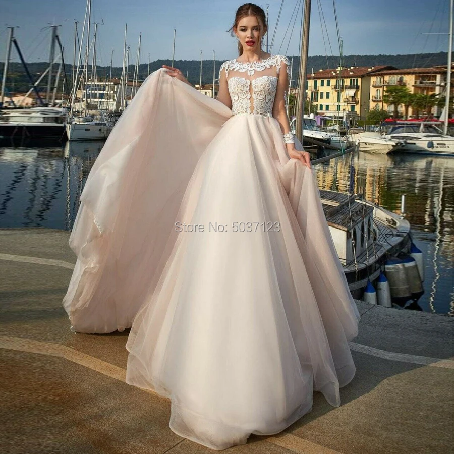 

Pink A Line Wedding Dresses Long Sleeves Lace Appliques Sweep Train Tulle Button Illusion Vestido De Noiva Mariage Custom Made