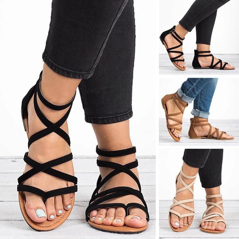 

Casual Fashion Solid Shoes Woman Strappy Crisscross Gladiator Low Flat Heel Sandals Summer Wedge Ankle Strap Women Sandals