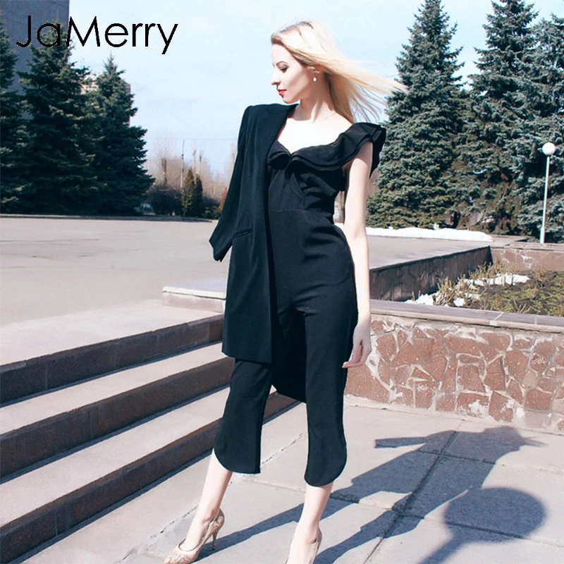 Женский комбинезон с открытыми плечами JaMerry черный однотонный открытой спиной