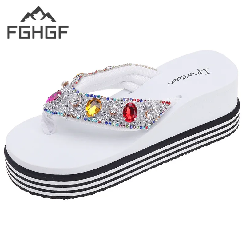 

FGHGF 2019 fashion crystal bling slippers wedges heels shoes women summer outside white black red yellow 6.5cm heels size 36-40