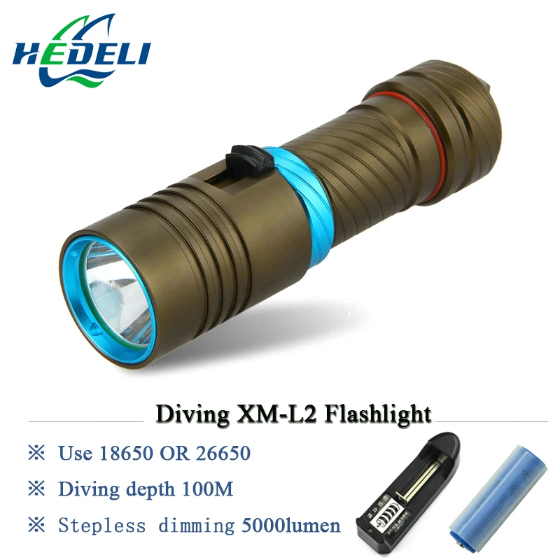 

100M Diver Scuba flashlights Diving Flashlight LED Torch underwater light CREE XM L2 Lamp 3200lumen 18650 or 26650 batteries