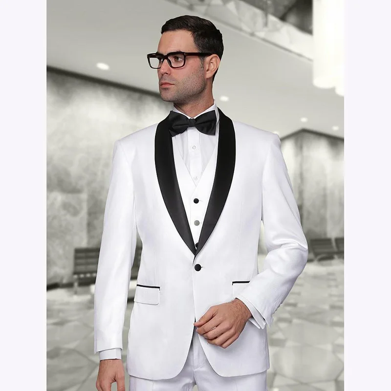 Slim Fit Жених мужчин костюм смокинг Vestido De Festa белый Groomsmen шаль Черный нагрудные свадебные костюмы для мужчин (куртка + Брюки для девочек +