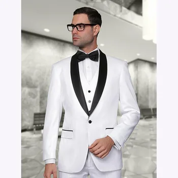 

Slim Fit Groom men suit Tuxedo vestido de festa White Groomsmen Shawl Black Lapel wedding suits for men (Jacket+Pants+Tie+Vest)