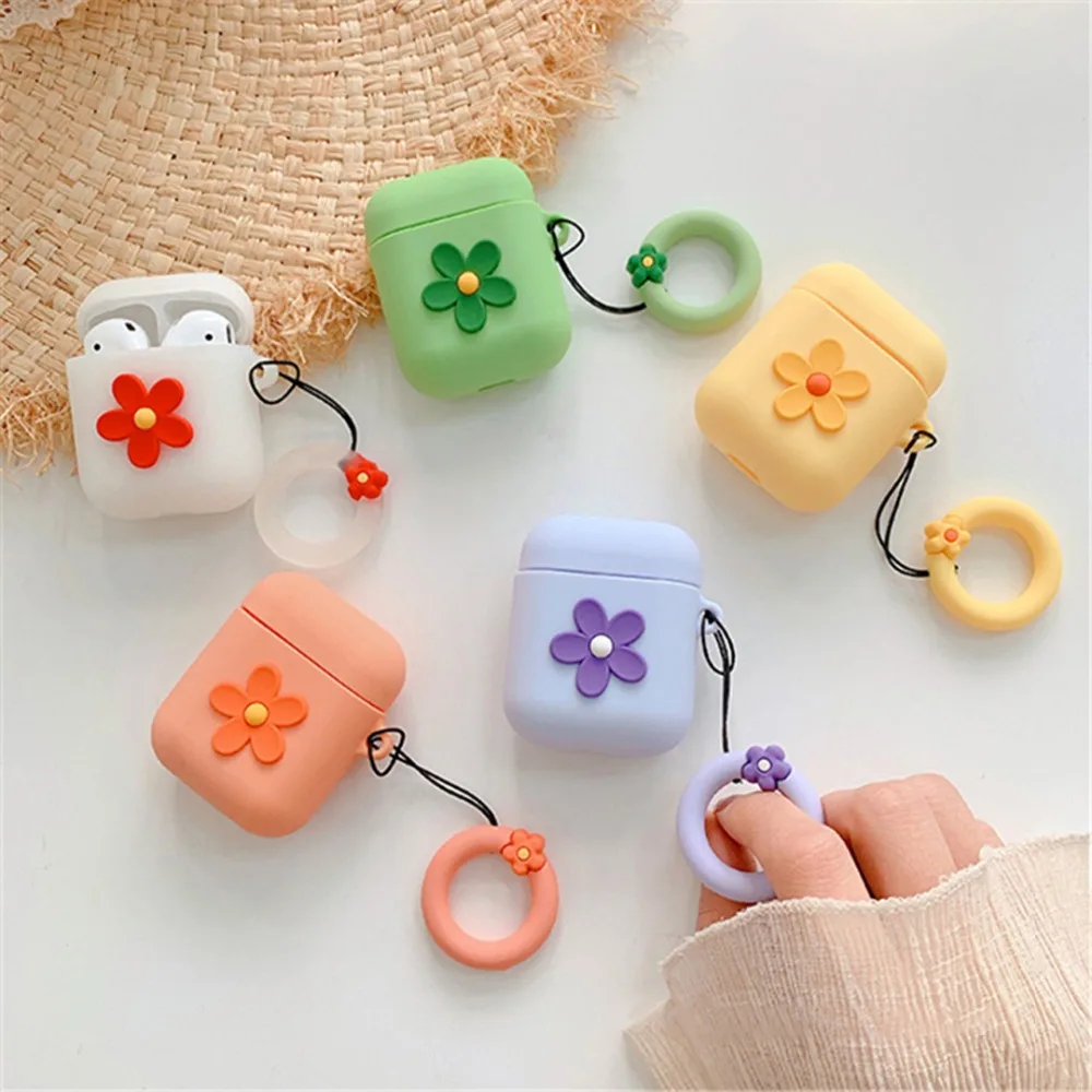 

Silicone Bluetooth Wireless Earphone Case For AirPods Protective Cover Skin flower ring strap Accessory for Airpods Charging Box