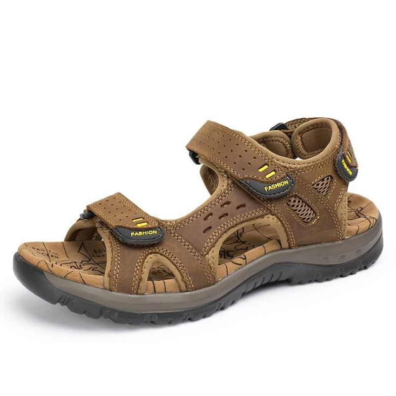 

2018 Summer Men Sandals High Quality Genuine Leather Hard-wearing Men Beach Shoes Hook&Loop Men Shoes Plus Size 44 45