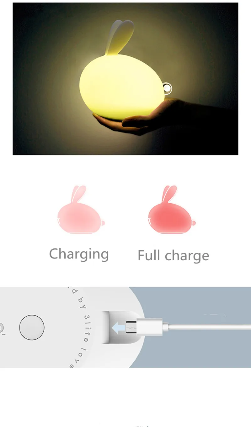 Новинка, силиконовый светодиодный Ночной светильник с кроликом, хлопает, атмосферная настольная лампа, usb-зарядка, меняющая цвет, подарок, ночная лампа для Рождества