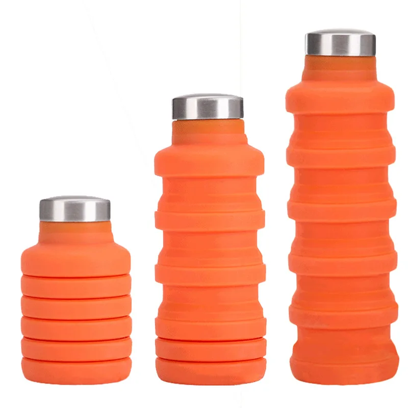 500ML Silicone Water Bottle with Stainless Steel Cover Folding Coffee Bottle Outdoor Travel Drinking Collapsible Sport Kettle