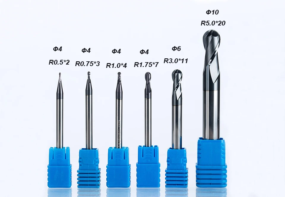 HUHAO 1pc 2 flutes Ball Nose Solid Carbide End mills CNC Milling Cutter HRC45 R0.5 0.75 1 1.75 3 5mm cnc tools milling cutter