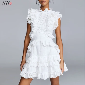 

Openwork fungus lace sexy dew white dress tide brand solid color waist strap holiday dress female 2019 summer new unique design