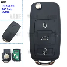 WALKLEE 3 Botões do Controle Remoto Chave 434 MHz Apto para VW/VOLKSWAGEN 1K0959753 HLO 1K0 959 753 CADDY EOS GOLF JETTA TIGUAN TOURAN SIROCO
