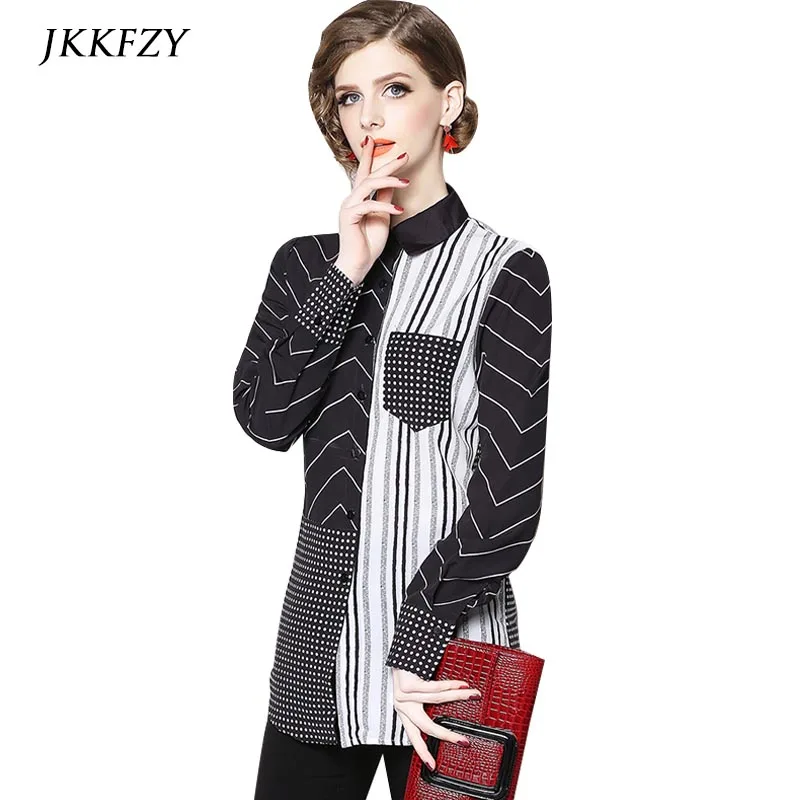 19 New Stripe Dot Womens Blouses Fashion Print White Black Long Sleeves Shirts Female Casual Office Tops 19 New Stripe Dot Womens Blouses Fashion Print White Black Long Sleeves Shirts Female Casual Office Tops