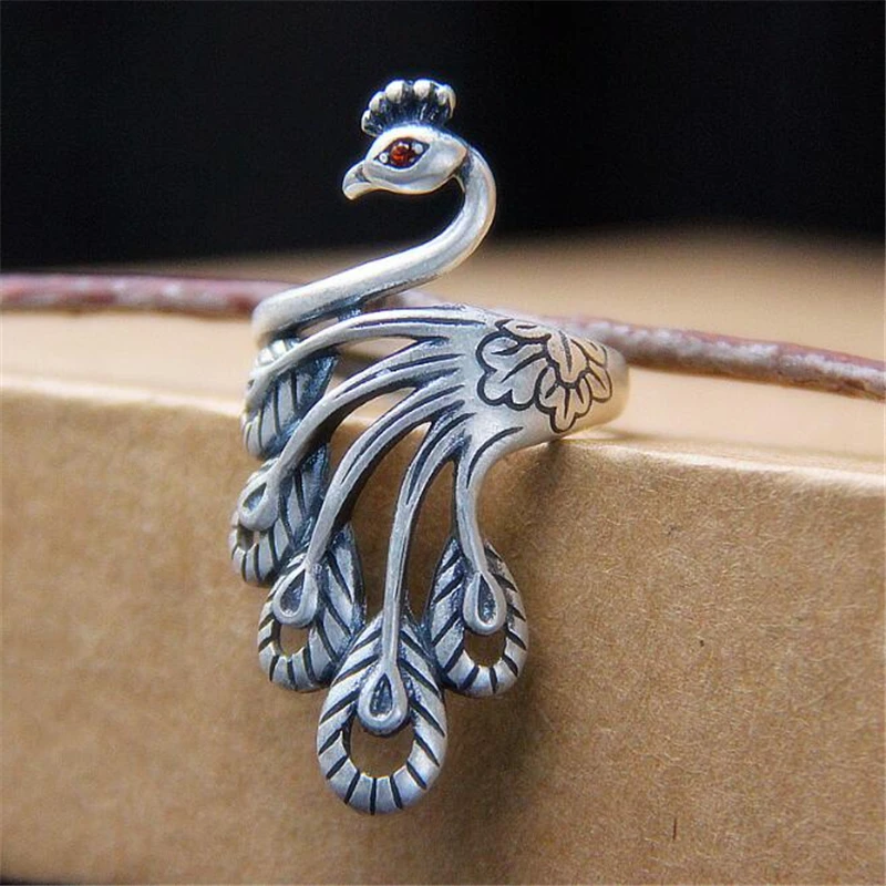 

Retro 925 Sterling Silver Jewelry Thai Silver Personality Exquisite Peacock Wear Peony Accessories Female Red Stone Rings