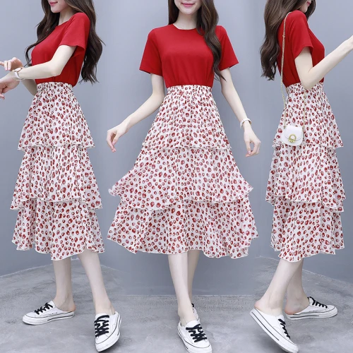 Korean Red Women Skirt Set Short Sleeve 2 Piece Womens Tops And Blouses Floral Maxi Outfit Woman Top Sets |
