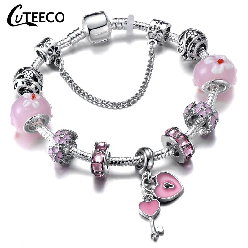 CUTEECO, модные, розовые, милые, очаровательные браслеты для женщин, сердце, бусины, подходят к оригинальному бренду, браслеты, романтическое ювелирное изделие, подарок - Окраска металла: 20