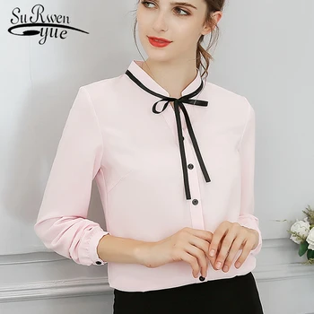 

2018 fashion autumn women blouse and tops long sleeve OL solid women's shirt causal bow tie feminine blusas white pink 0773 40