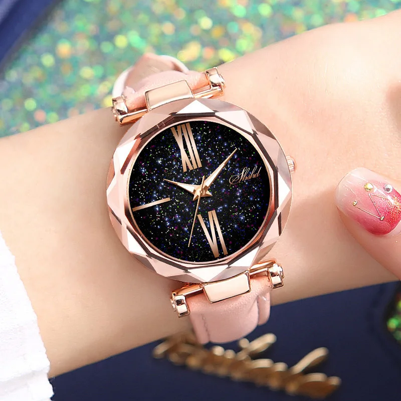 

Women Casual Wrist Watch Round Star Dial Watch with Perforated Frosted Strap KQS8