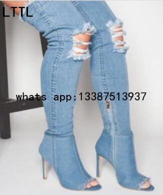 2017 New Runway Denim Thigh High Boots Sexy High Heels Women Gladiator Open Toe Long Boots Cut Out Over Knee High Boots Woman