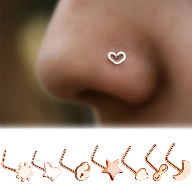 

Fashion 7pcs/lot Stainless Steel Crystal Heart Multicolor Nose Rings Nose Studs Hooks Body Piercing Jewelry Randomly