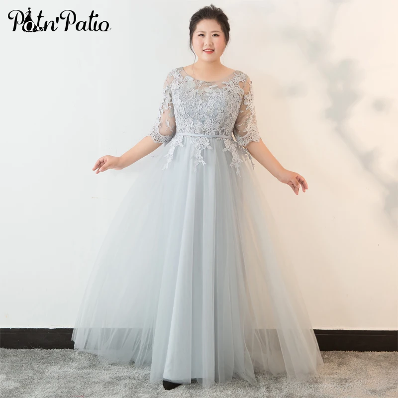 

Scoop Neckline Lace Appliques A-line Floor-Length Tulle Gray Bridesmaid Dresses Long With Half Sleeves Plus Size