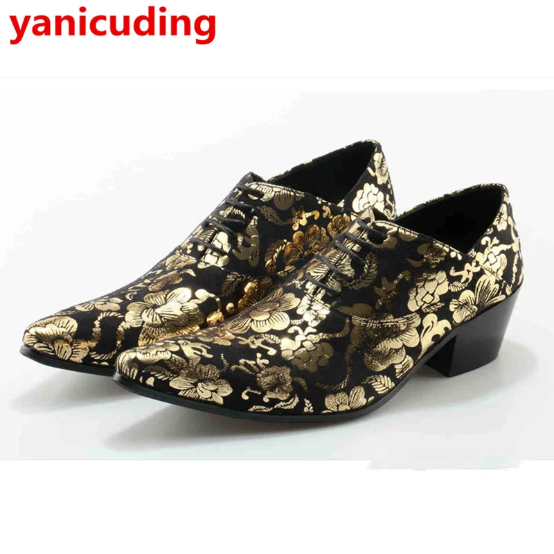 

Pointed Toe Gold Floral Pattern Design Men Shoe Low Heel Height Increasing Shoes Lace Up Low Top Men Dress Party Nightclub Shoe