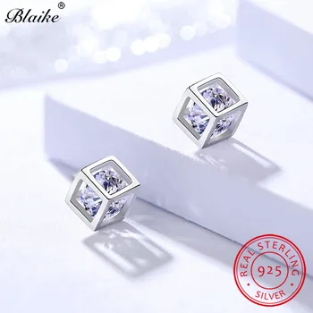 

Blaike Geometry Square Stud Earrings For Women Real 925 Sterling Silver Diamond Crystal Birthstone White Earrings Female Jewelry