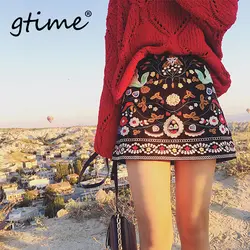 GTIME Ретро Вышивка черный цветочный короткие sSkirt повседневное осень зима Высокая талия тонкий для женщин Wkirt Винтаж 90's Мини юбки # WGT66