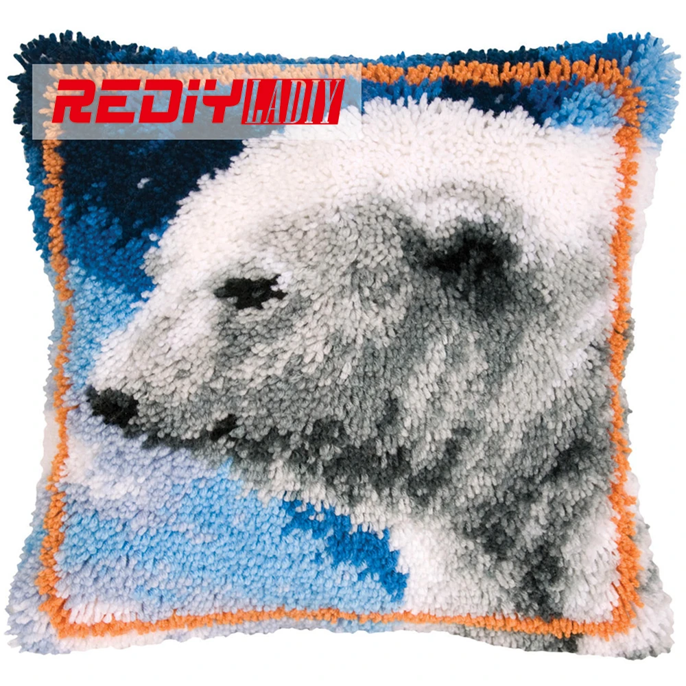 

REDIY LADIY Latch Hook Cushion Kits for Embroidery Yarn Needlework Sofa Decorative Pillow Printed Color Canvas White Polar Bear