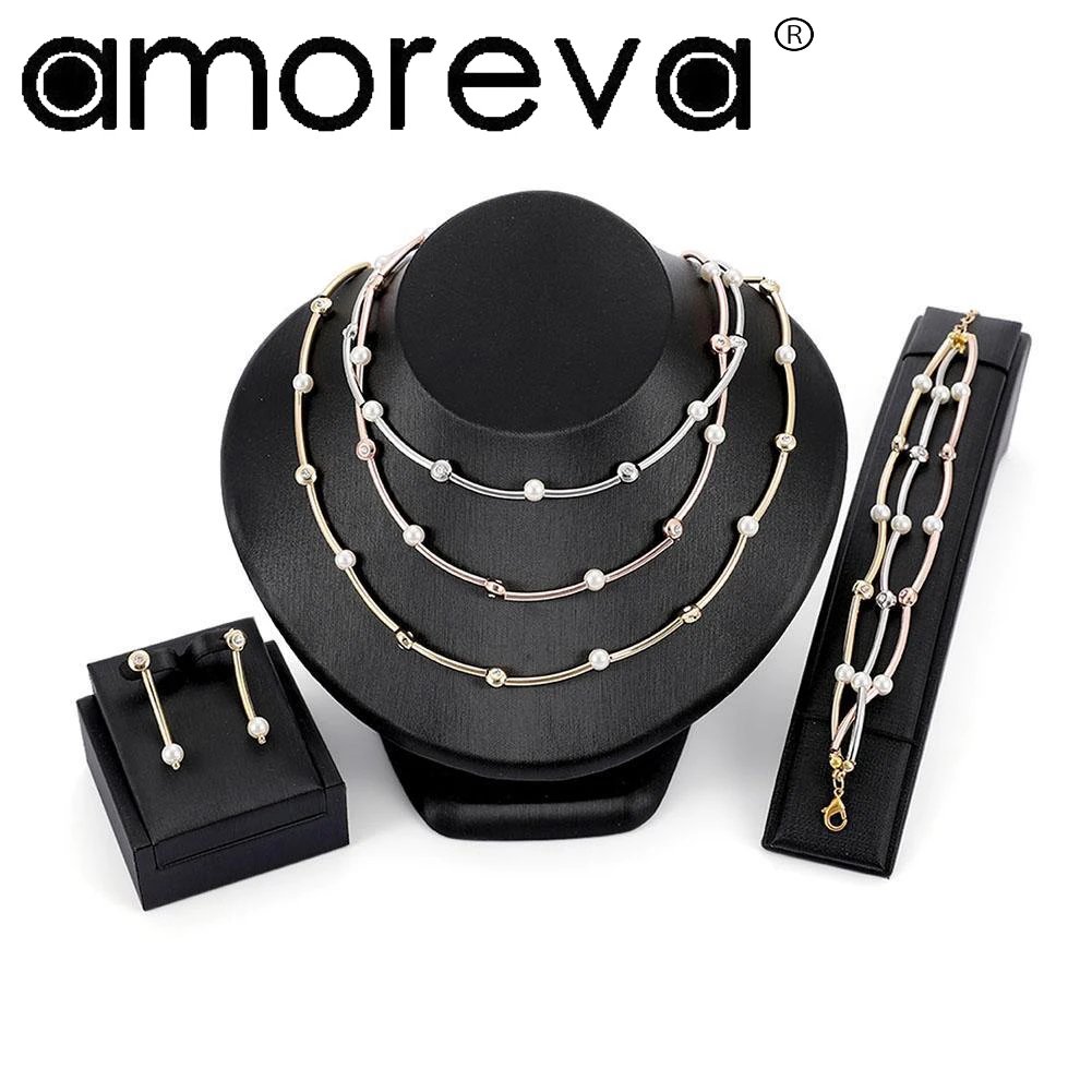 High Quality Elegant Simulated Pearl Brass Jewelry Set Multi layer