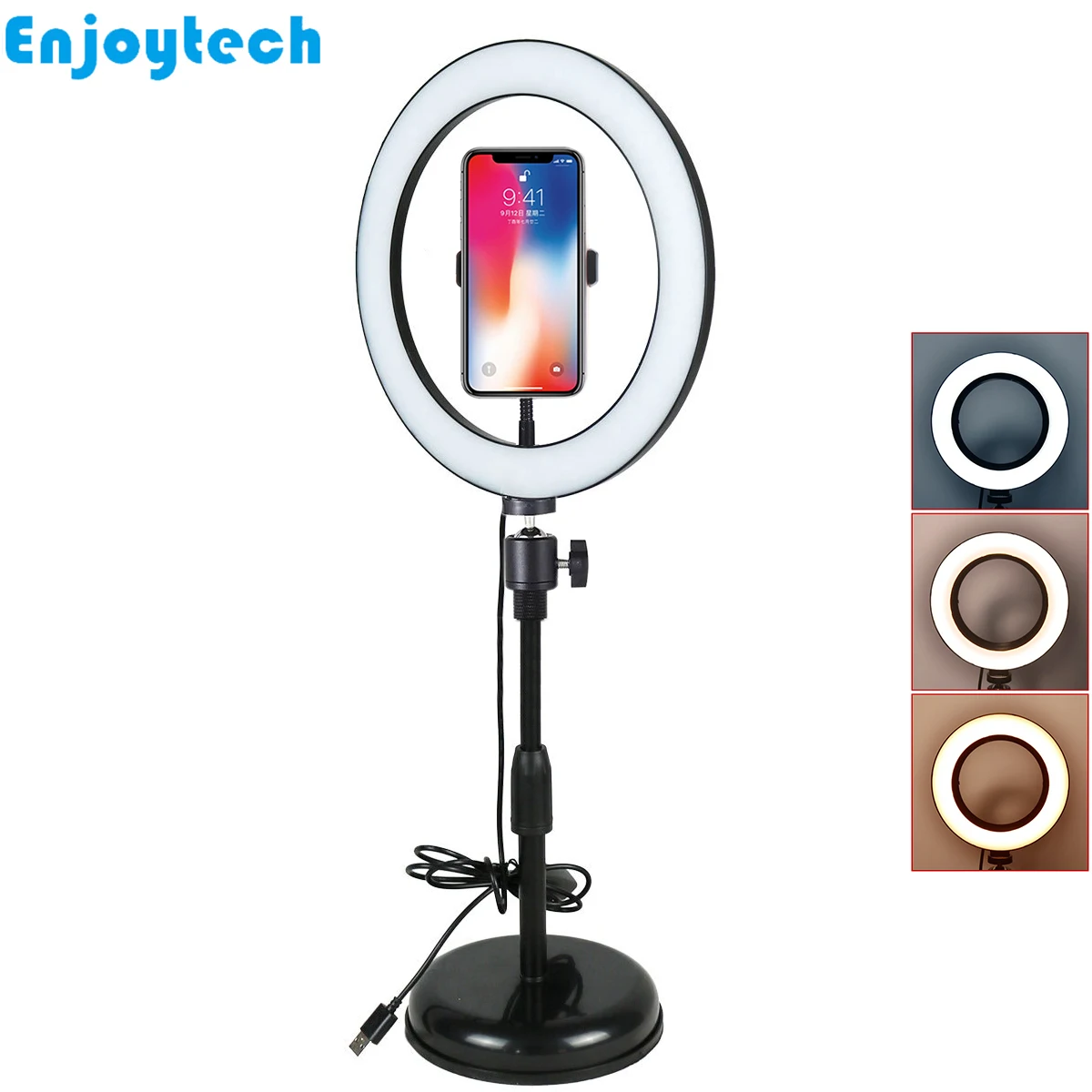  New Tabletop Mounts Holder with LED Ring Flash Light Lamp Tripod Stands with Mobile phones Holder f