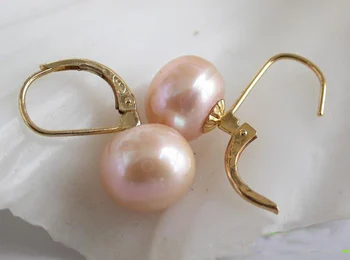 

Elegant 100% Genuine Freshwater Pearl Earrings For Women,12mm Pink Color Round Pearl Jewellery,New Free Shipping