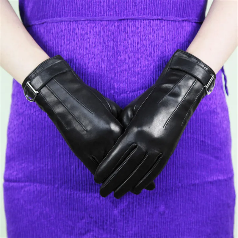 Women Gloves Genuine Leather Sheepskin Gloves Female Autumn Winter  Plush Lined Elegant Metal Buckle Driving Mittens XC-112