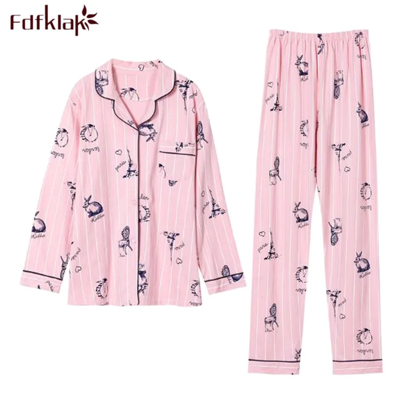 Fdfklak 2018 новый костюм Для женщин с длинным рукавом Печать Пижама Для женщин Демисезонный дамы хлопок комплект одежды для сна Pijama feminino