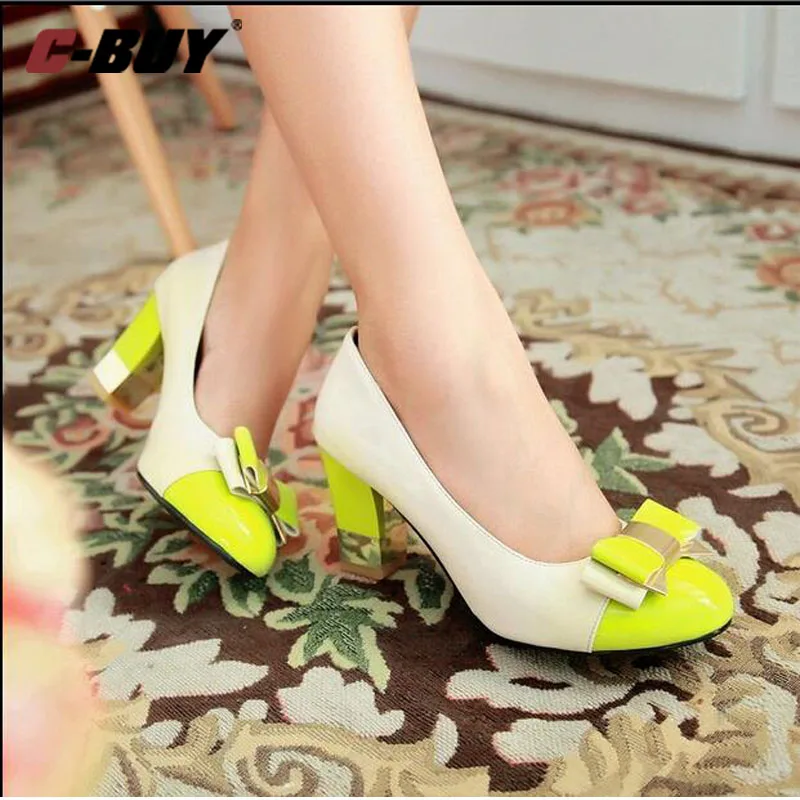 

Women Shoes 2019 New Summer And Spring Women Pumps Round Toe High Heels Bow Color Block Decoration Cute High Heels 101GGX