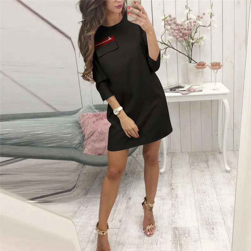

Women New 2019 Spring Autumn Dress Women Casual Three Quarter Sleeves Dress Slim Round Neckline Mini Dress Femme 3*