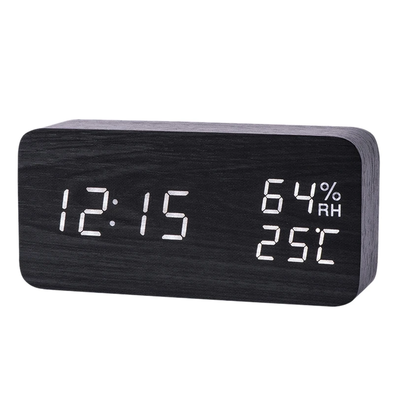 Modern Led Alarm Clock Temperature Humidity Electronic Desktop Digital Table Clocks,Black+ white subtitles