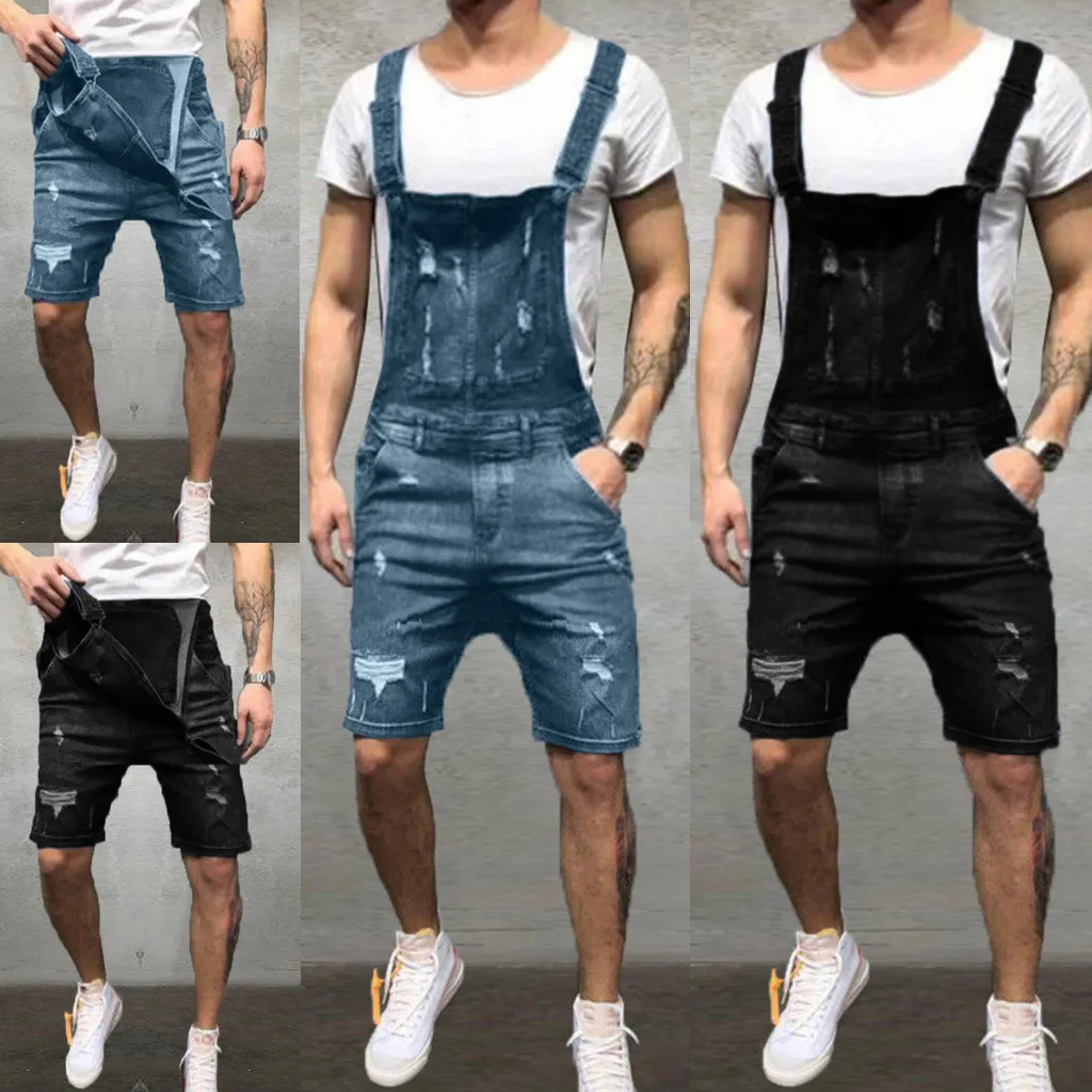 2019 Для Мужчин's Рваные джинсы комбинезоны шорты Лето Марка NEW FASHION Hi Street рваные брюки из джинсовой ткани Комбинезон для человек штаны с