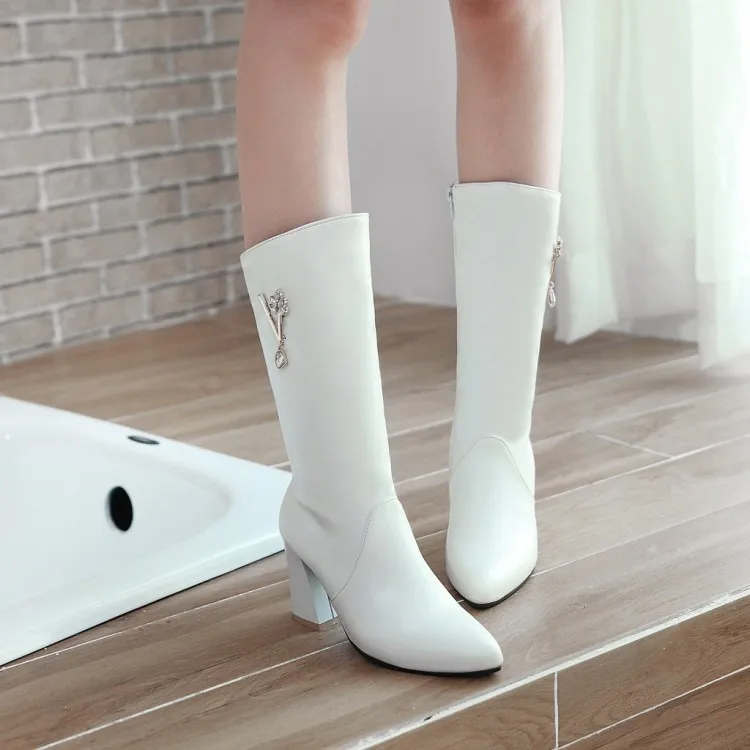 

Big Size 11 12 13 14 15 16 17 18 High-heeled mid-barrel Knight boots Round-head thick-heeled water drill Pendant women's shoes