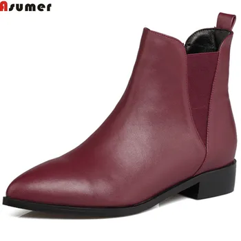 

Asumer wine red black fashion women boots pointed toe square heel genuine leather boots low heel cow leather ankle boots