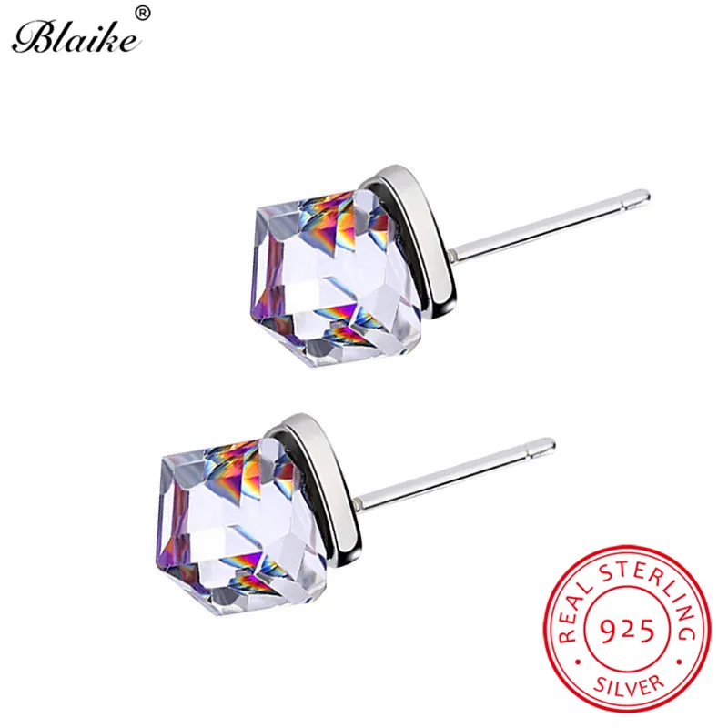 Blaike Mystic Rainbow Fire Topaz Crystal Square Stud Earrings For Women Real 925 Sterling Silver Gradient Earrings Fine Jewelry