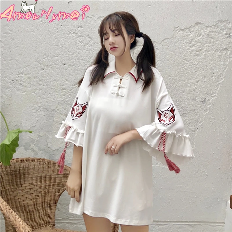 

2019 Summer Women Dress Japanese Style Mori Girl Kawaii Fox Embroidery Half Sleeve Casual Loose T shirt Dress