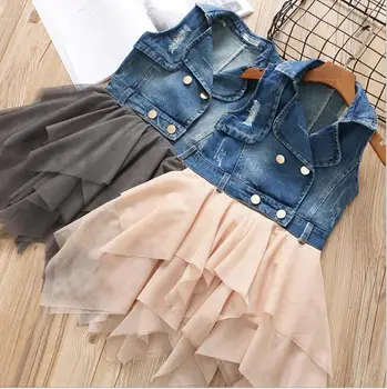 

fashion fall kids girls denim tulle dress toddler girls jeans sleeveless layered dress children patchwork asymmetrical dress