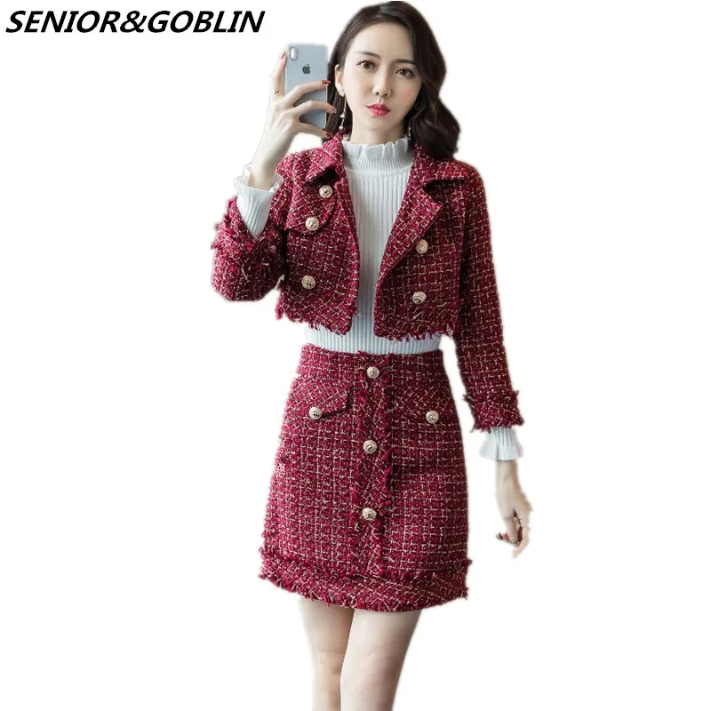 

New 2019 Autumn Runway Tweed 2 Piece Set Winter Women Red Short Jacket Coat+High Waist Mini Tassel Pencil Skirt Wool Blend Suits