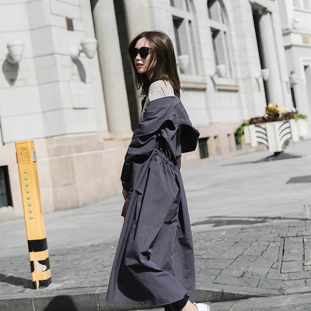 Solid color Windbreaker Women Long knee length Loose Coat 2018 New