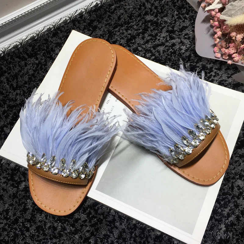 

Woman Slipper Bling Crystal Embellished Woman Slides Feather Decor Summer Outdoor Shoes Woman Flats Brand Runway Zapatos Mujer