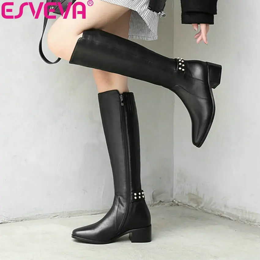 ESVEVA/ г. Обувь женские сапоги до колена осенние однотонные сапоги на среднем квадратном каблуке с квадратным носком размеры 34-39, зимние сапоги для девочек