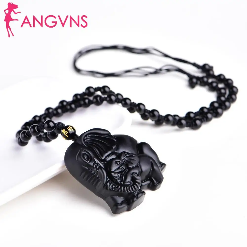 ANGVNS Necklace Elephant Natural Fashion Cute Lucky Jewelry Amulet Pendant Mother Obsidian Chinese Carved Black Handwork Fashion Jewelry