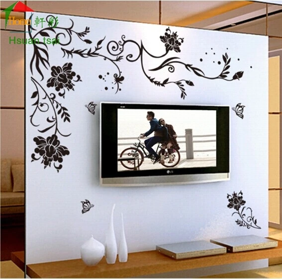 Black Flower vine butterfly vinyl wall stickers home decor rooms living sofa wallpaper Design art decals house decoration | Дом и сад